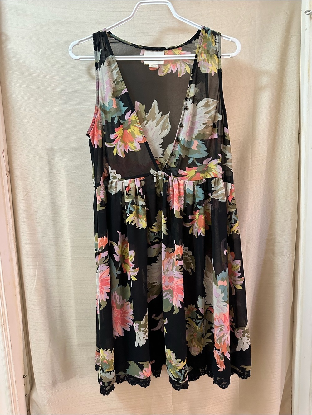 Maeve Anthropologie Black Sheer Floral Babydoll Mini Dress Small Lace Hem